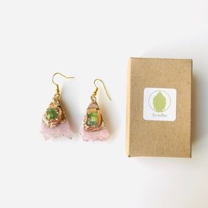 NWT Rose Quartz with Green Druzy Gold Hook Earrings